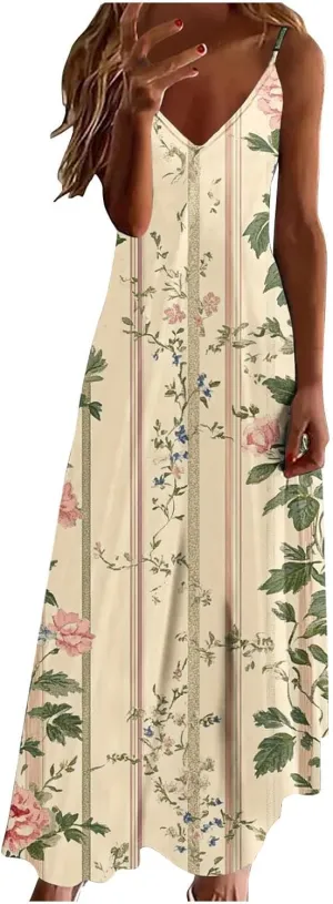 Womens Floral Boho Spring Dresses Spaghetti Strap Cute Sundresses Casual Long Maxi Dress Beach Vacation Clothes 2025
