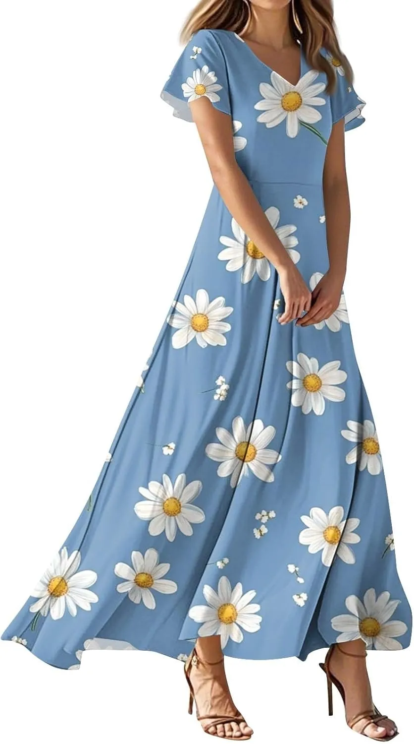 Womens Floral Maxi Dress - Short Sleeve Summer Boho Wedding Guest Dress Empire Waist Chiffon Modest Midi Dresses