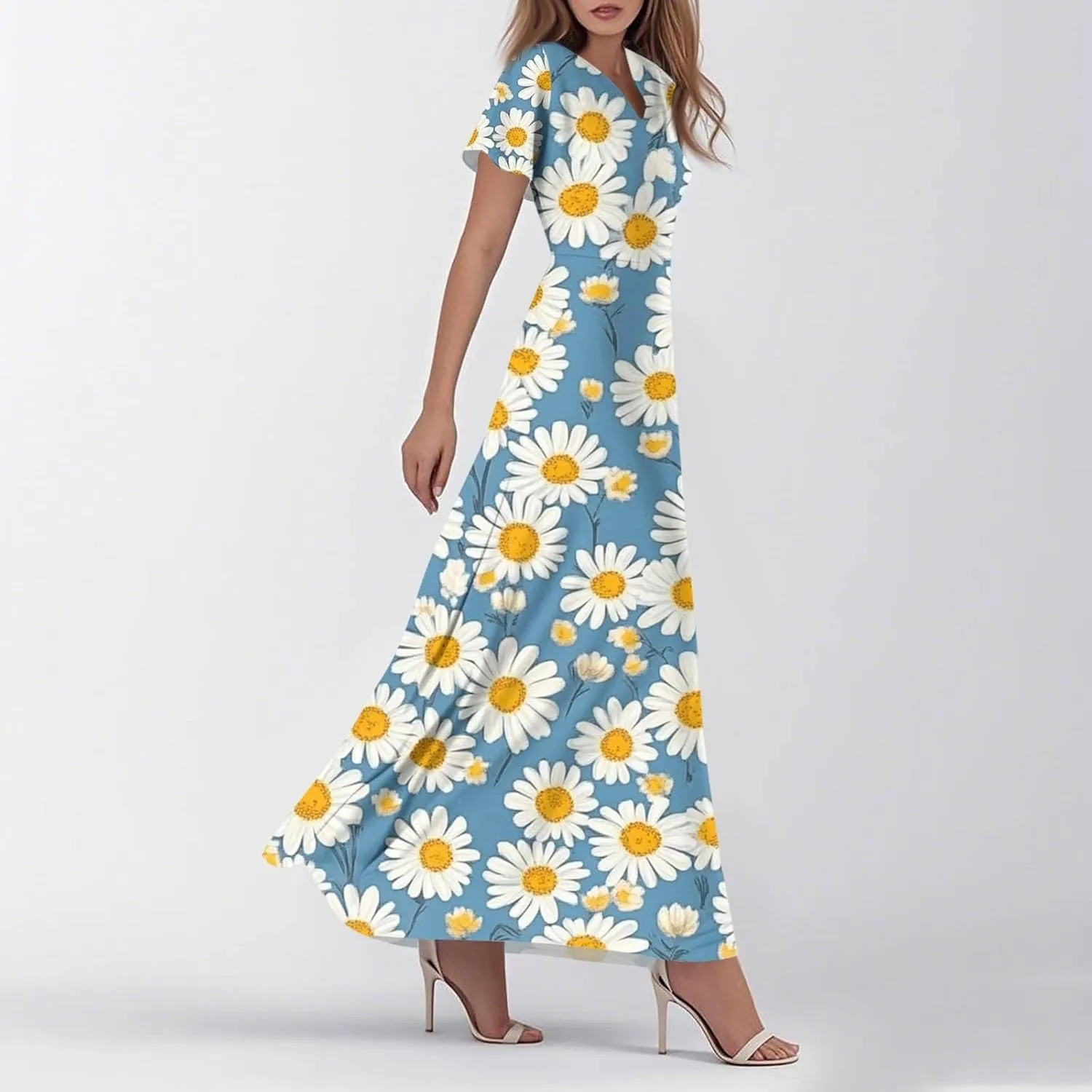 Womens Floral Maxi Dress - Short Sleeve Summer Boho Wedding Guest Dress Empire Waist Chiffon Modest Midi Dresses