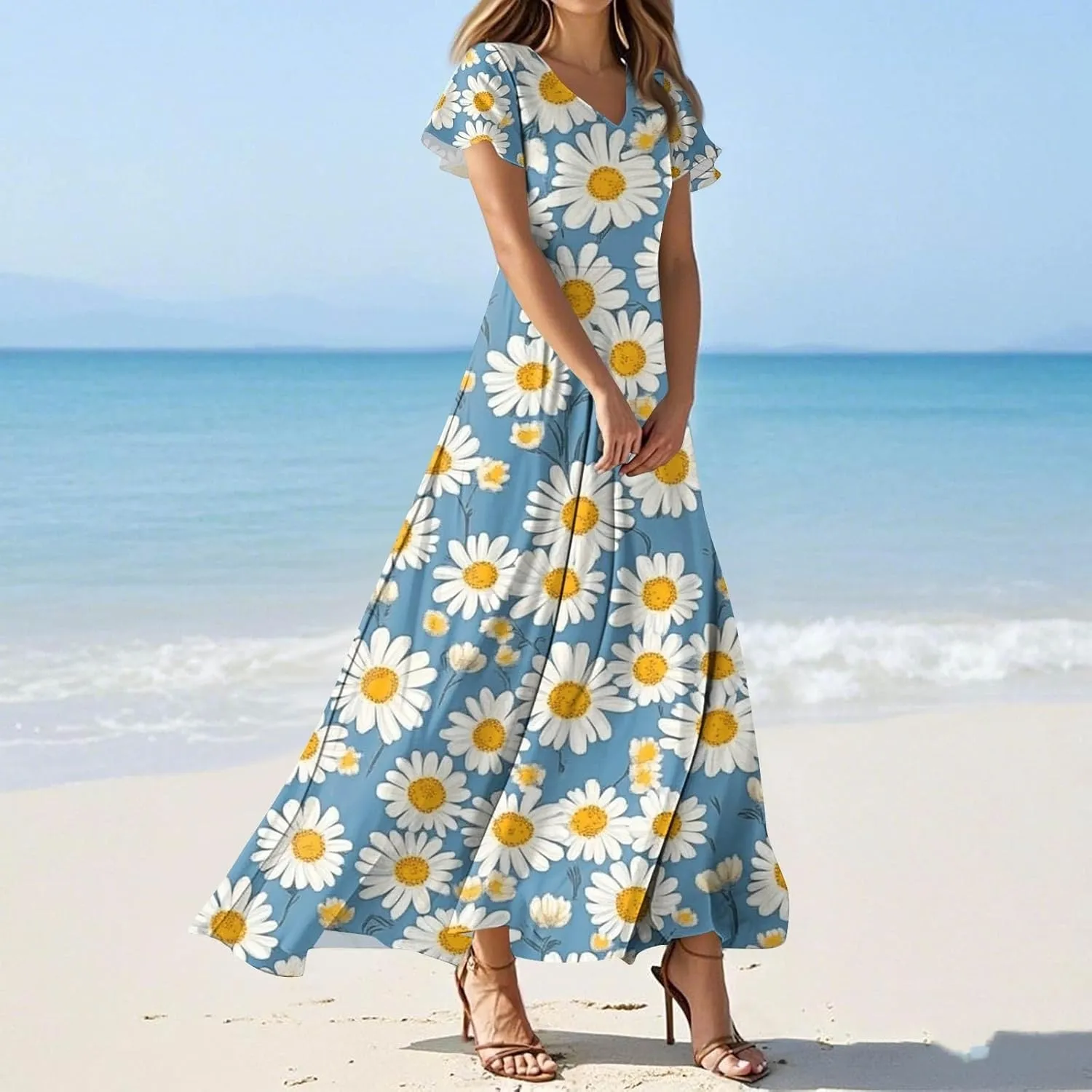 Womens Floral Maxi Dress - Short Sleeve Summer Boho Wedding Guest Dress Empire Waist Chiffon Modest Midi Dresses