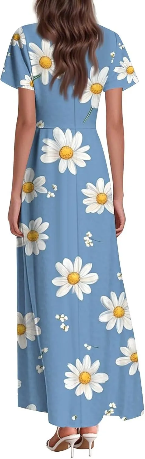 Womens Floral Maxi Dress - Short Sleeve Summer Boho Wedding Guest Dress Empire Waist Chiffon Modest Midi Dresses