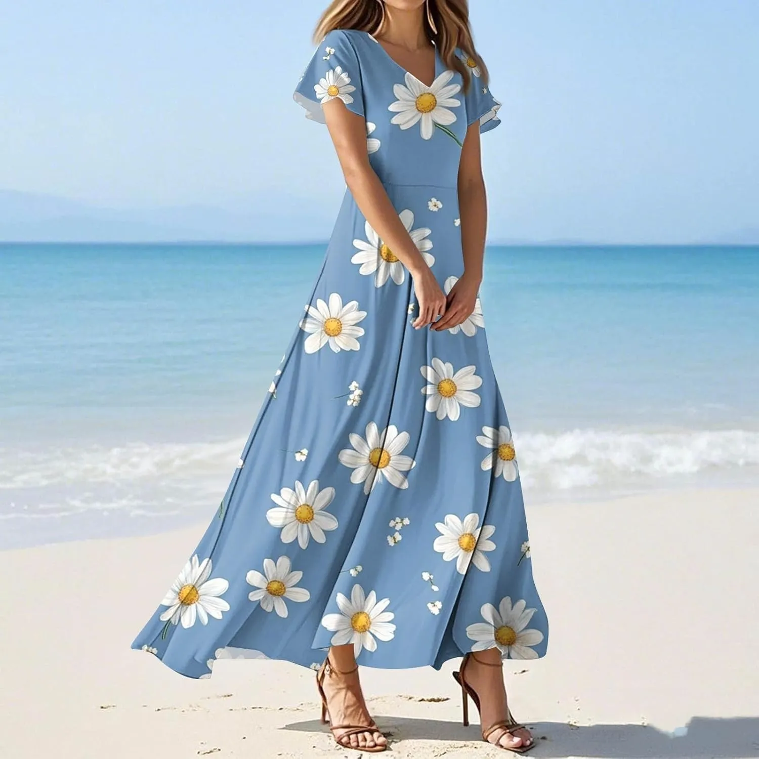 Womens Floral Maxi Dress - Short Sleeve Summer Boho Wedding Guest Dress Empire Waist Chiffon Modest Midi Dresses