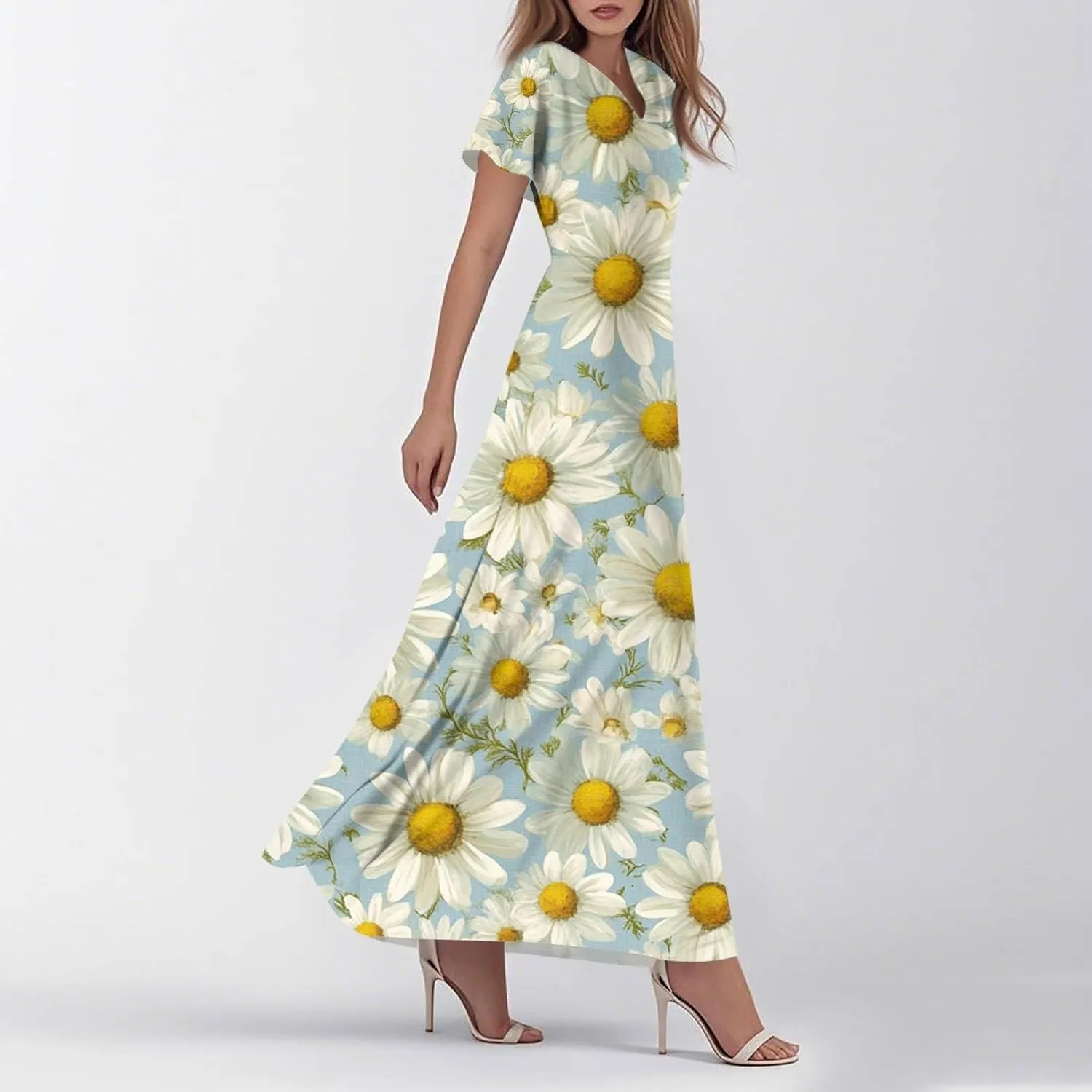 Womens Floral Maxi Dress - Short Sleeve Summer Boho Wedding Guest Dress Empire Waist Chiffon Modest Midi Dresses
