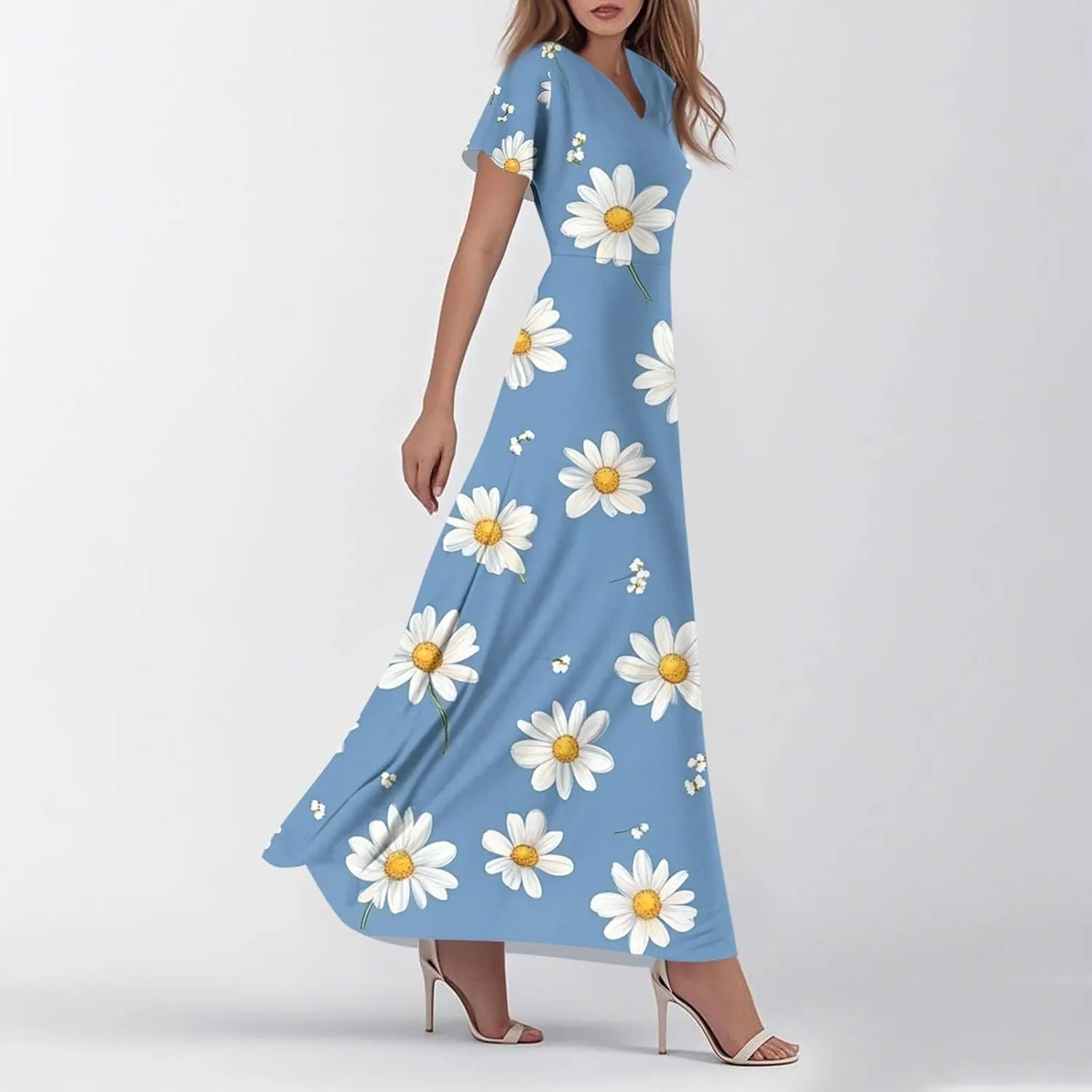 Womens Floral Maxi Dress - Short Sleeve Summer Boho Wedding Guest Dress Empire Waist Chiffon Modest Midi Dresses