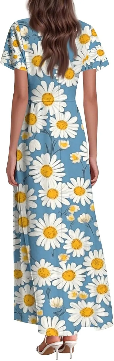 Womens Floral Maxi Dress - Short Sleeve Summer Boho Wedding Guest Dress Empire Waist Chiffon Modest Midi Dresses