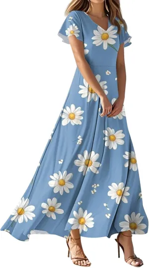 Womens Floral Maxi Dress - Short Sleeve Summer Boho Wedding Guest Dress Empire Waist Chiffon Modest Midi Dresses
