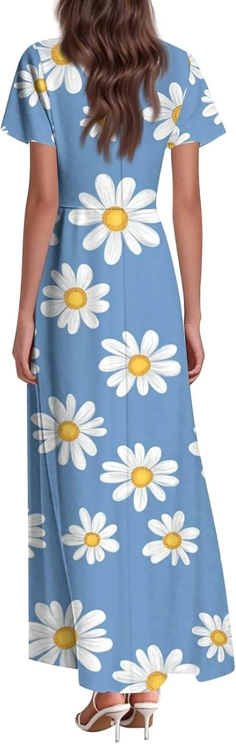 Womens Floral Maxi Dress - Short Sleeve Summer Boho Wedding Guest Dress Empire Waist Chiffon Modest Midi Dresses