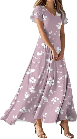 Womens Floral Maxi Dress - Short Sleeve Summer Boho Wedding Guest Dress Empire Waist Chiffon Modest Midi Dresses