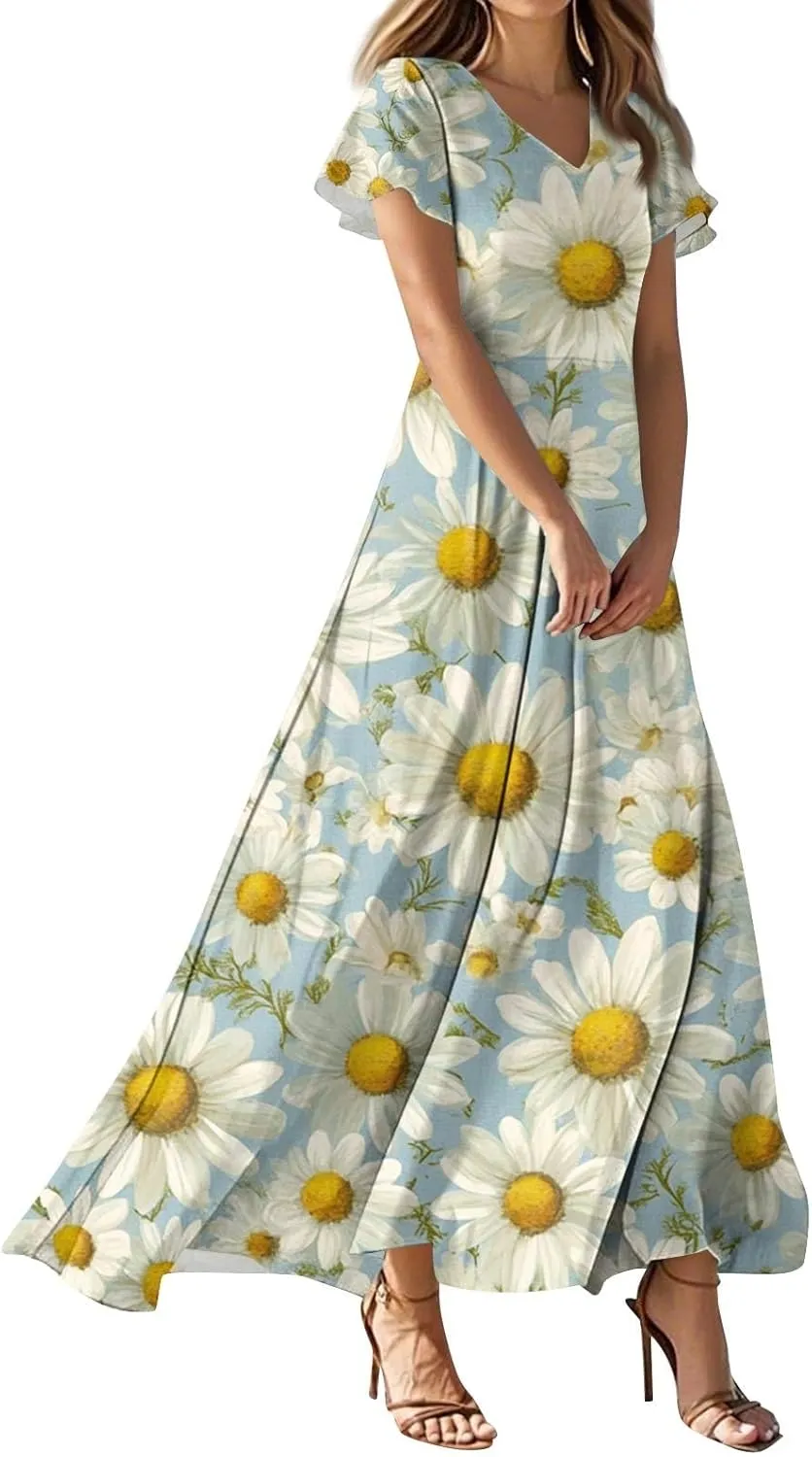 Womens Floral Maxi Dress - Short Sleeve Summer Boho Wedding Guest Dress Empire Waist Chiffon Modest Midi Dresses