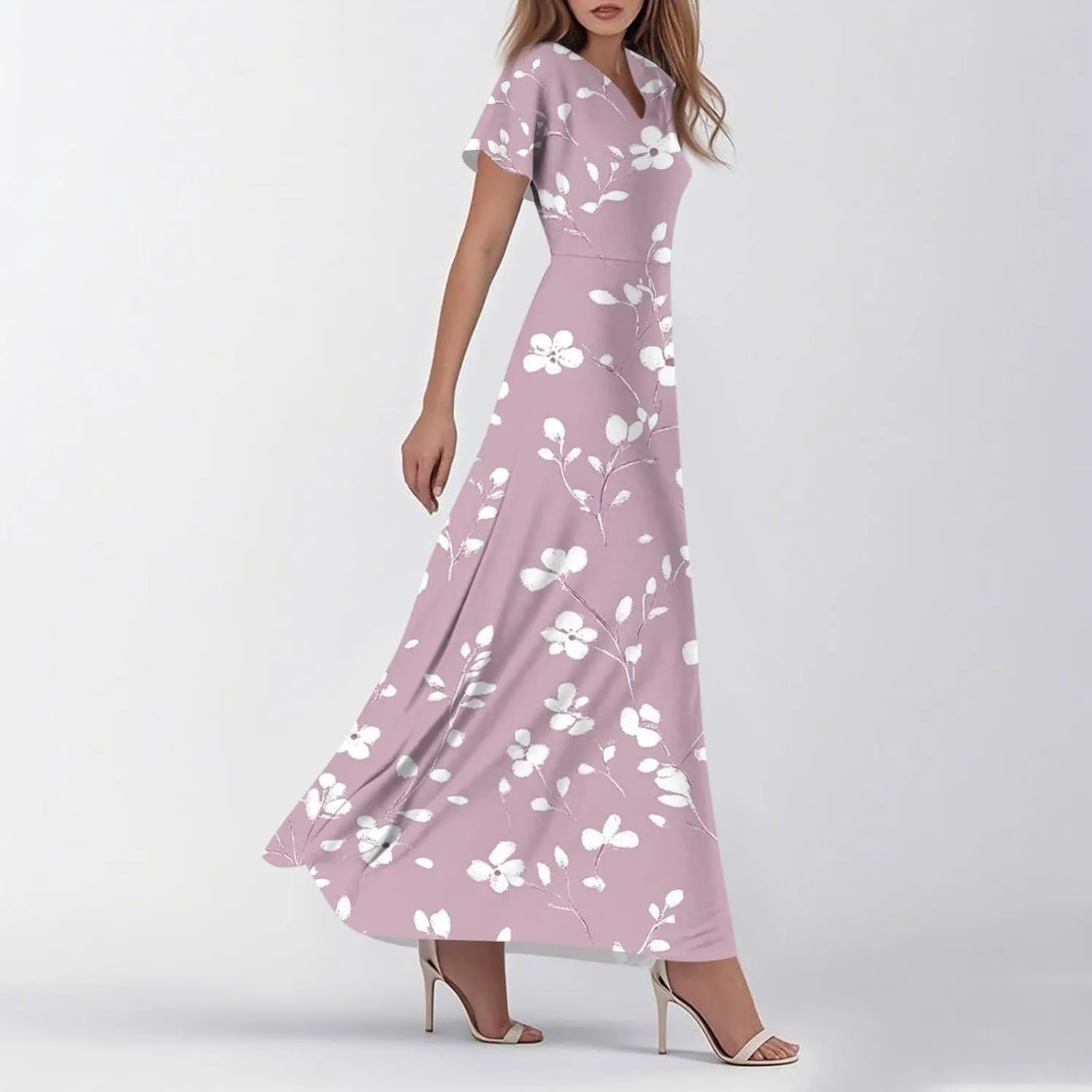 Womens Floral Maxi Dress - Short Sleeve Summer Boho Wedding Guest Dress Empire Waist Chiffon Modest Midi Dresses