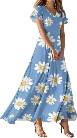 Womens Floral Maxi Dress - Short Sleeve Summer Boho Wedding Guest Dress Empire Waist Chiffon Modest Midi Dresses
