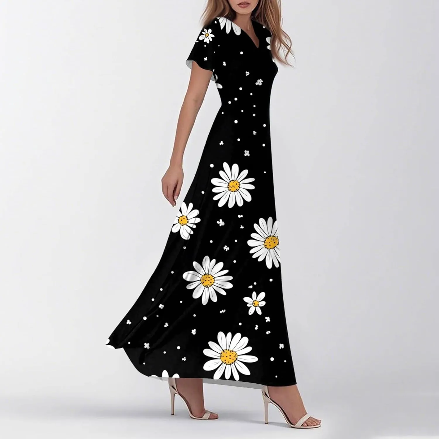 Womens Floral Maxi Dress - Short Sleeve Summer Boho Wedding Guest Dress Empire Waist Chiffon Modest Midi Dresses