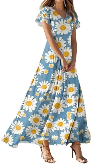 Womens Floral Maxi Dress - Short Sleeve Summer Boho Wedding Guest Dress Empire Waist Chiffon Modest Midi Dresses
