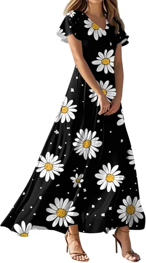 Womens Floral Maxi Dress - Short Sleeve Summer Boho Wedding Guest Dress Empire Waist Chiffon Modest Midi Dresses