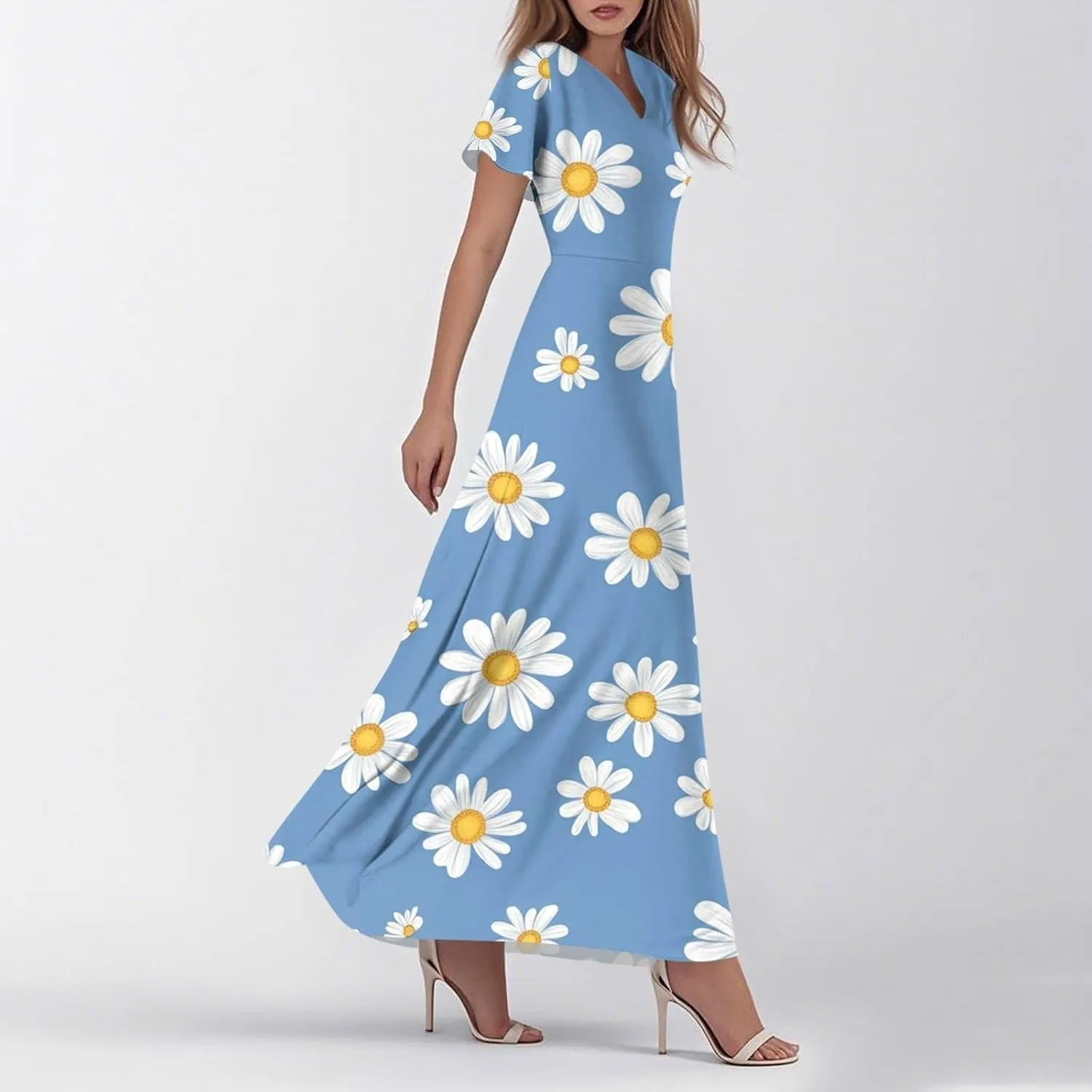 Womens Floral Maxi Dress - Short Sleeve Summer Boho Wedding Guest Dress Empire Waist Chiffon Modest Midi Dresses