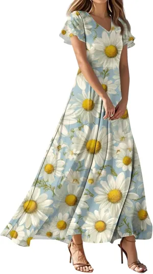 Womens Floral Maxi Dress - Short Sleeve Summer Boho Wedding Guest Dress Empire Waist Chiffon Modest Midi Dresses