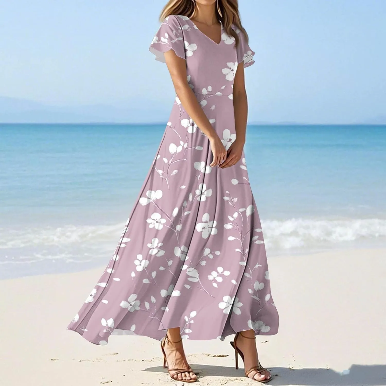 Womens Floral Maxi Dress - Short Sleeve Summer Boho Wedding Guest Dress Empire Waist Chiffon Modest Midi Dresses