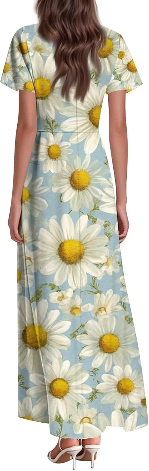 Womens Floral Maxi Dress - Short Sleeve Summer Boho Wedding Guest Dress Empire Waist Chiffon Modest Midi Dresses
