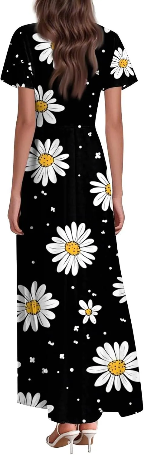Womens Floral Maxi Dress - Short Sleeve Summer Boho Wedding Guest Dress Empire Waist Chiffon Modest Midi Dresses