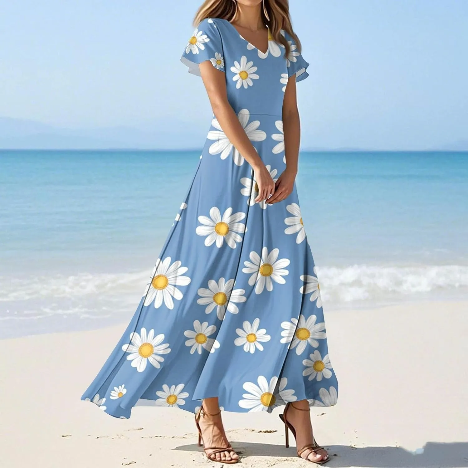 Womens Floral Maxi Dress - Short Sleeve Summer Boho Wedding Guest Dress Empire Waist Chiffon Modest Midi Dresses
