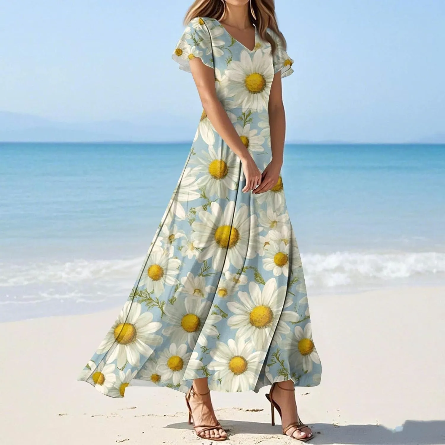 Womens Floral Maxi Dress - Short Sleeve Summer Boho Wedding Guest Dress Empire Waist Chiffon Modest Midi Dresses