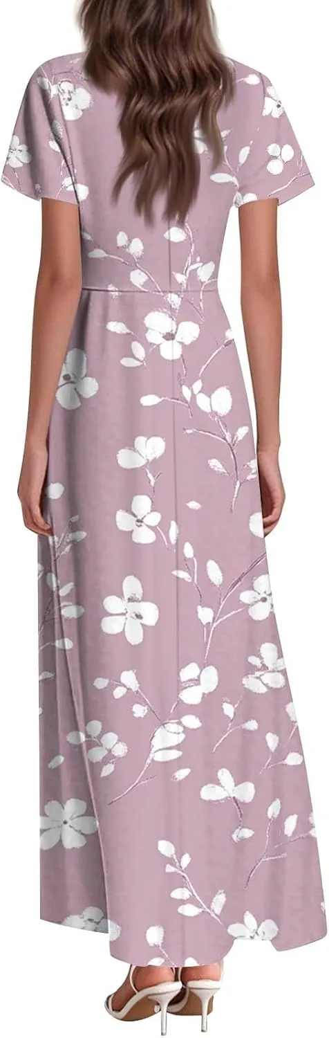 Womens Floral Maxi Dress - Short Sleeve Summer Boho Wedding Guest Dress Empire Waist Chiffon Modest Midi Dresses