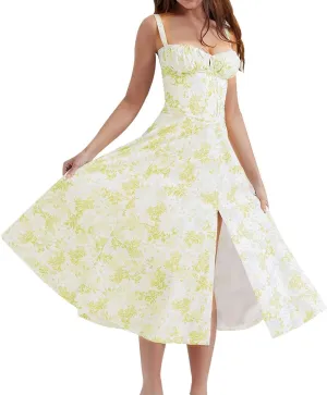 Women's Floral Midi Dress Summer Beach Sundress Halter A-line Skirts Lace-up Sleeveless Vacation Long Flowy Dresses
