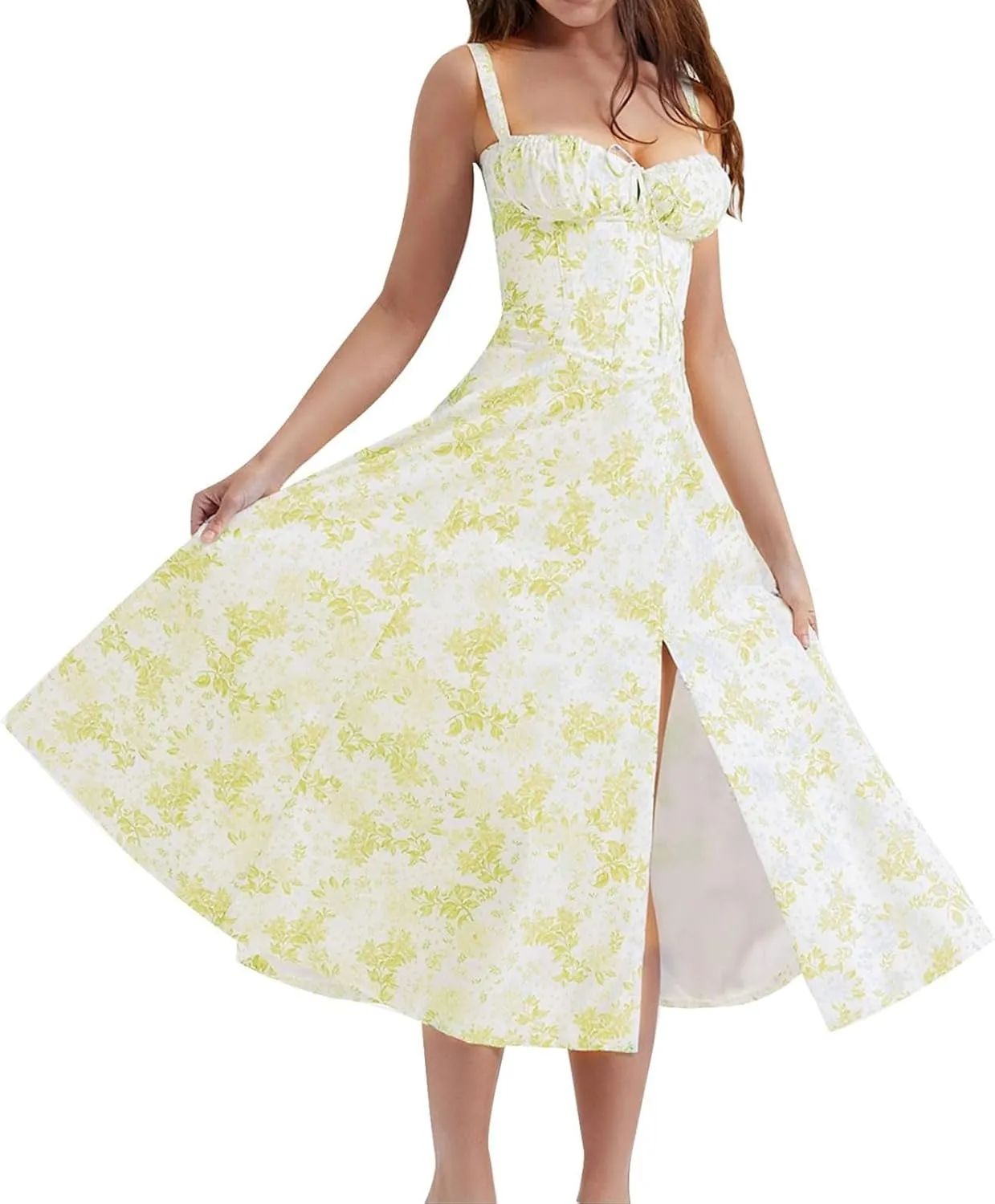 Women's Floral Midi Dress Summer Beach Sundress Halter A-line Skirts Lace-up Sleeveless Vacation Long Flowy Dresses