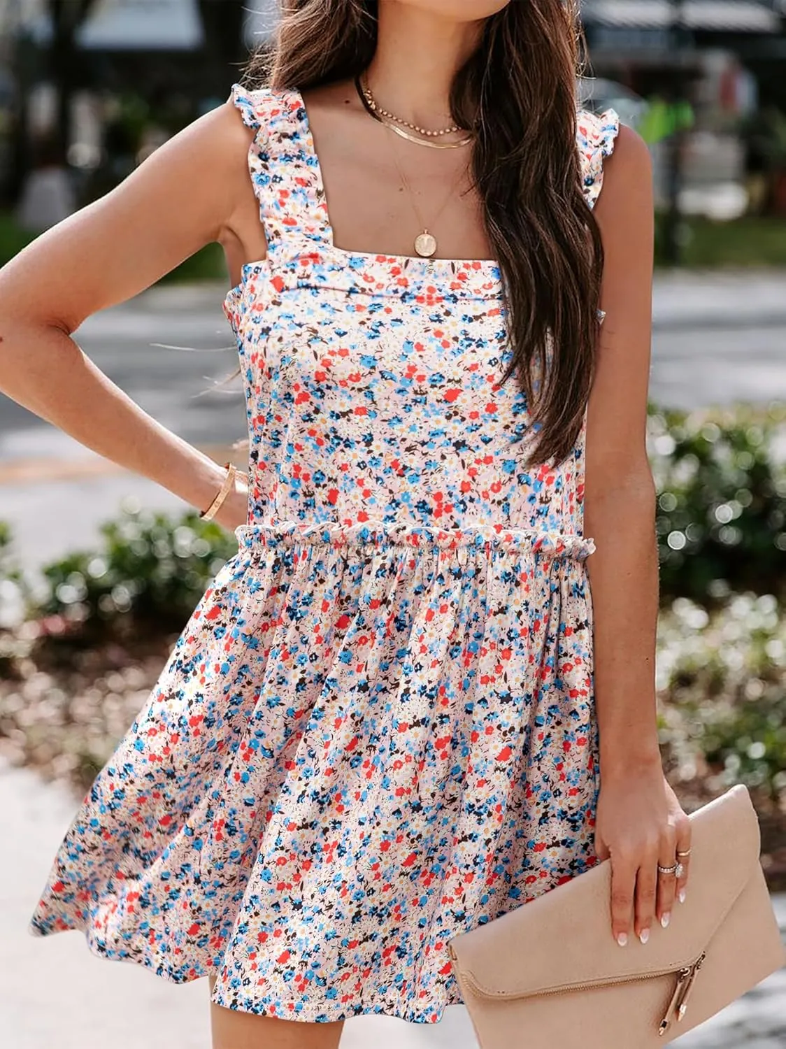 Women's Floral Summer Mini Dresses Ruffle Straps Boho Tiered Babydoll Tank Sundress Beach Vacation Short Dresses