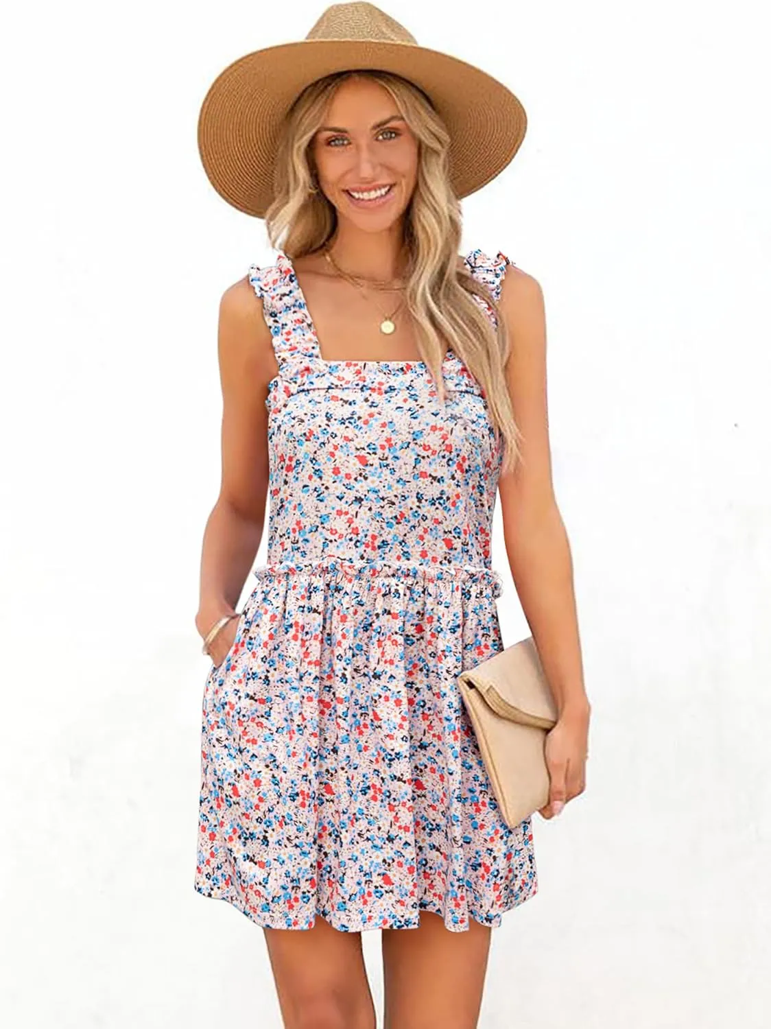 Women's Floral Summer Mini Dresses Ruffle Straps Boho Tiered Babydoll Tank Sundress Beach Vacation Short Dresses