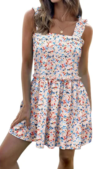 Women's Floral Summer Mini Dresses Ruffle Straps Boho Tiered Babydoll Tank Sundress Beach Vacation Short Dresses