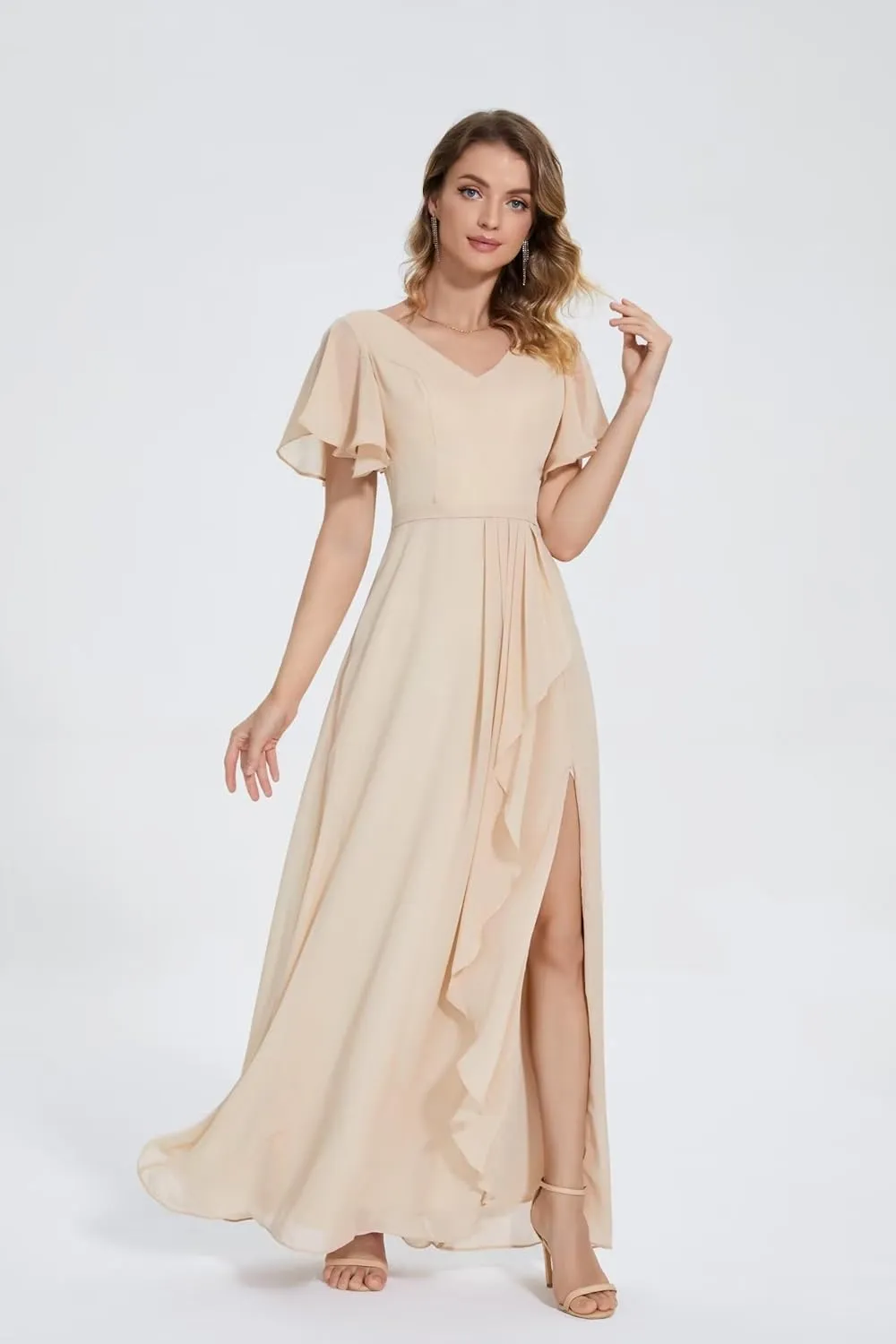 Womens Flutter Sleeve Chiffon Bridesmaid Dresses with Slit V Neck A Line Long Formal Evening Gowns