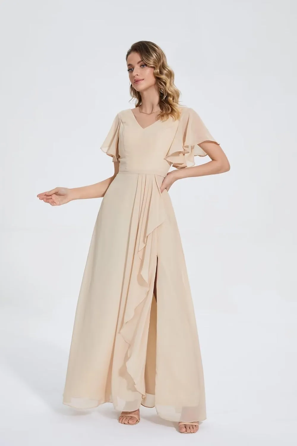 Womens Flutter Sleeve Chiffon Bridesmaid Dresses with Slit V Neck A Line Long Formal Evening Gowns