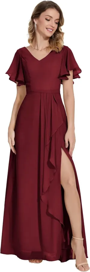 Womens Flutter Sleeve Chiffon Bridesmaid Dresses with Slit V Neck A Line Long Formal Evening Gowns