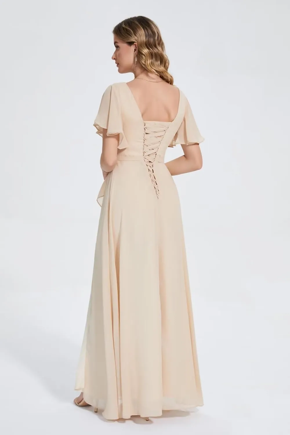Womens Flutter Sleeve Chiffon Bridesmaid Dresses with Slit V Neck A Line Long Formal Evening Gowns
