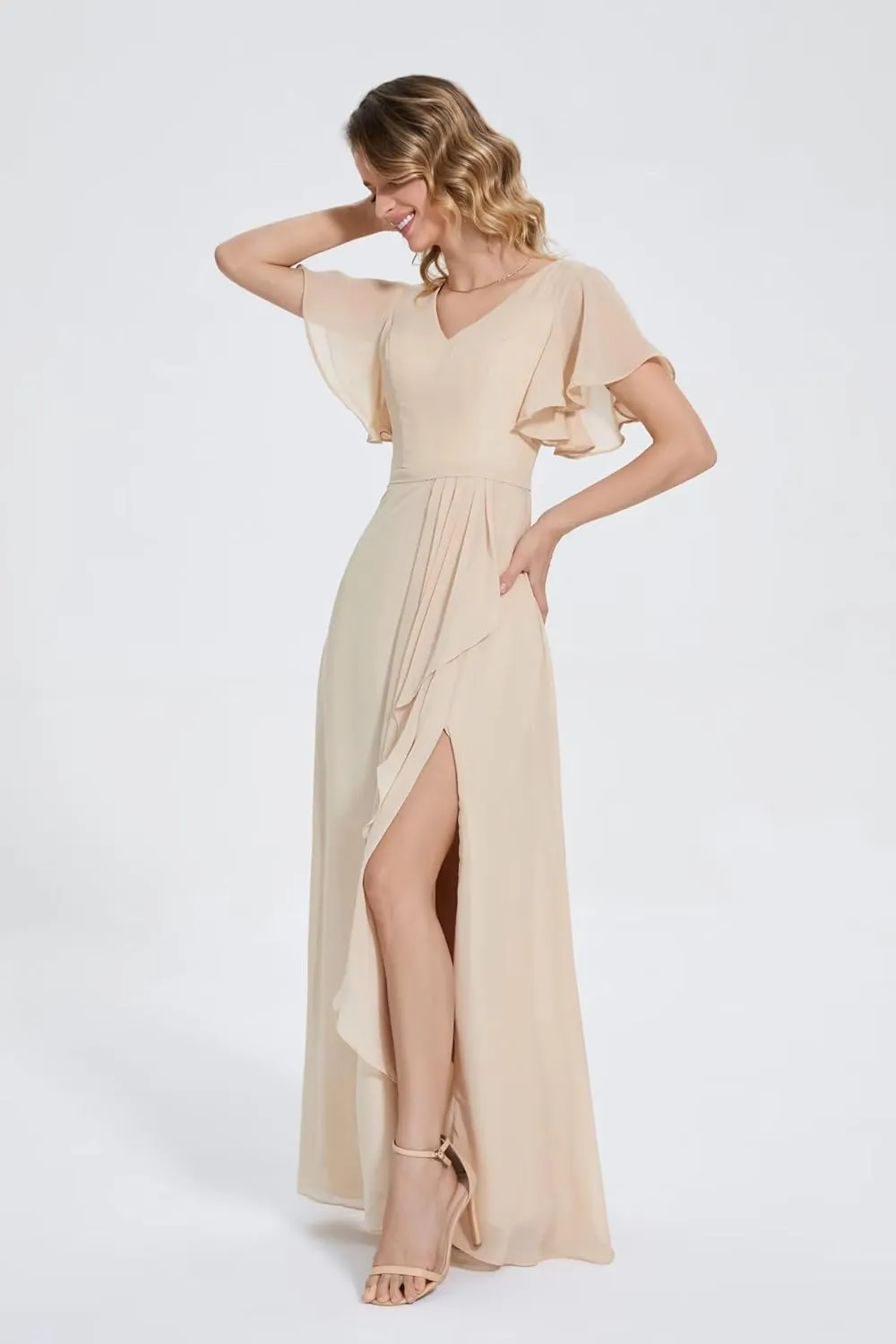 Womens Flutter Sleeve Chiffon Bridesmaid Dresses with Slit V Neck A Line Long Formal Evening Gowns