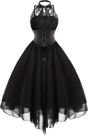 Women's Gothic Dress Square Neck Sleeveless Ruffle Steampunk Costume Victorian Outfit Halloween Masquerade Dresses
