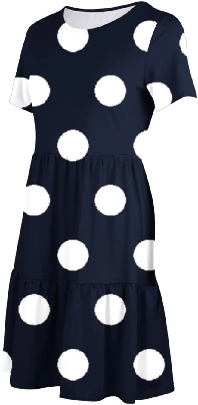 Womens Graphic T-Shirt Dress with Pockets Summer Scoop Neck Ruffle Dress Casual Soft Dot Print Short Sleeve Sundress