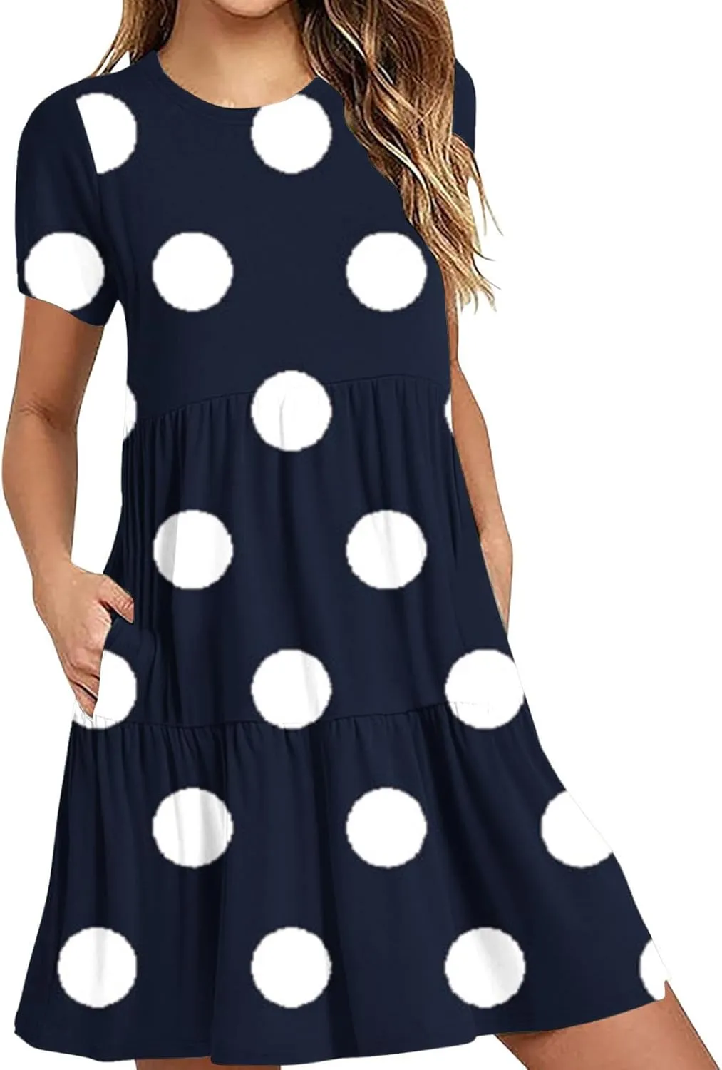 Womens Graphic T-Shirt Dress with Pockets Summer Scoop Neck Ruffle Dress Casual Soft Dot Print Short Sleeve Sundress