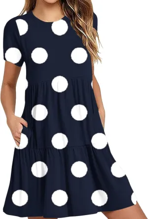 Womens Graphic T-Shirt Dress with Pockets Summer Scoop Neck Ruffle Dress Casual Soft Dot Print Short Sleeve Sundress