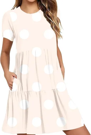 Womens Graphic T-Shirt Dress with Pockets Summer Scoop Neck Ruffle Dress Casual Soft Dot Print Short Sleeve Sundress