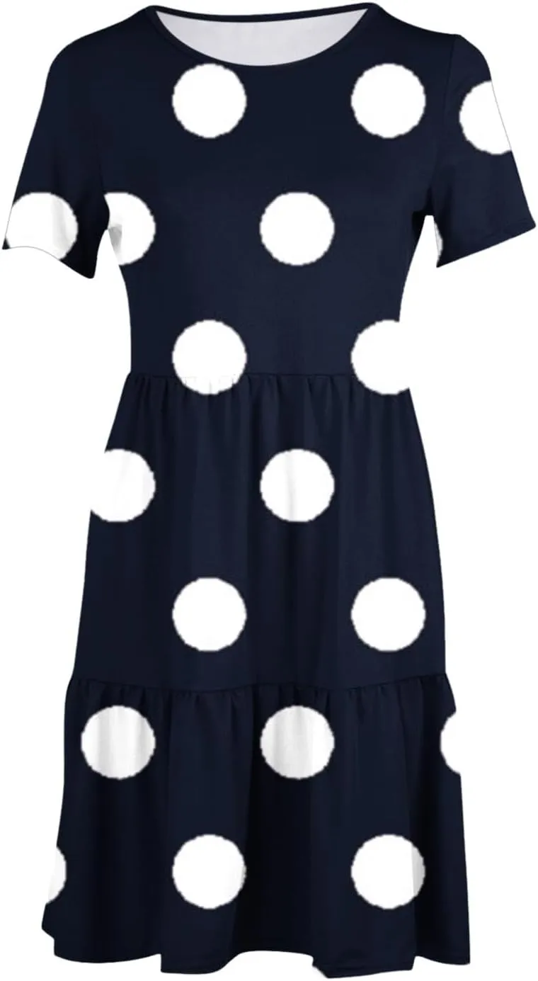 Womens Graphic T-Shirt Dress with Pockets Summer Scoop Neck Ruffle Dress Casual Soft Dot Print Short Sleeve Sundress