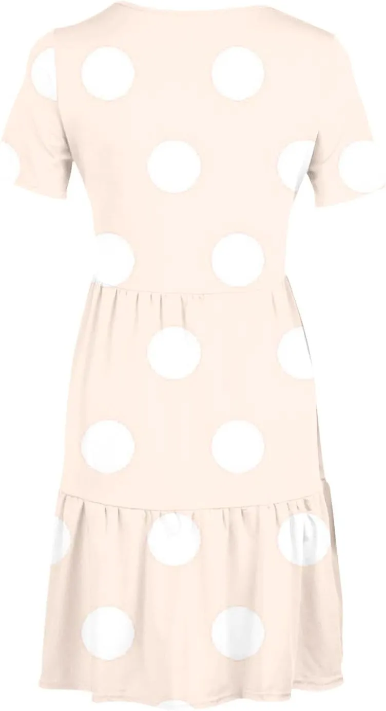 Womens Graphic T-Shirt Dress with Pockets Summer Scoop Neck Ruffle Dress Casual Soft Dot Print Short Sleeve Sundress