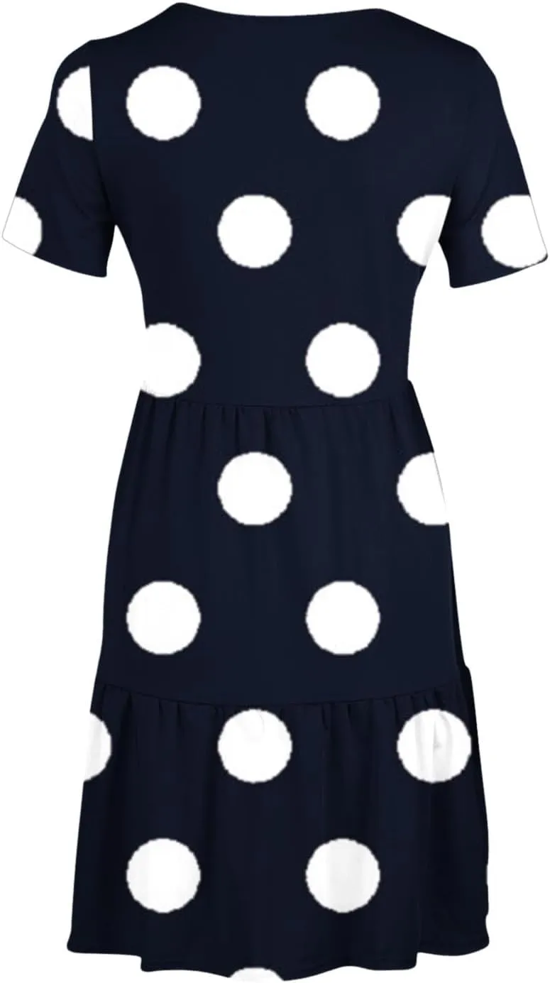 Womens Graphic T-Shirt Dress with Pockets Summer Scoop Neck Ruffle Dress Casual Soft Dot Print Short Sleeve Sundress