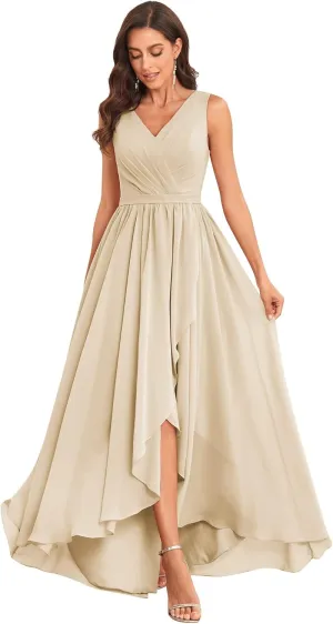 Women's High Low V Neck Bridesmaid Dresses Long with Slit Ruffle Pleated Chiffon Formal Dress