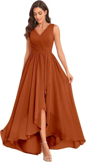 Women's High Low V Neck Bridesmaid Dresses Long with Slit Ruffle Pleated Chiffon Formal Dress