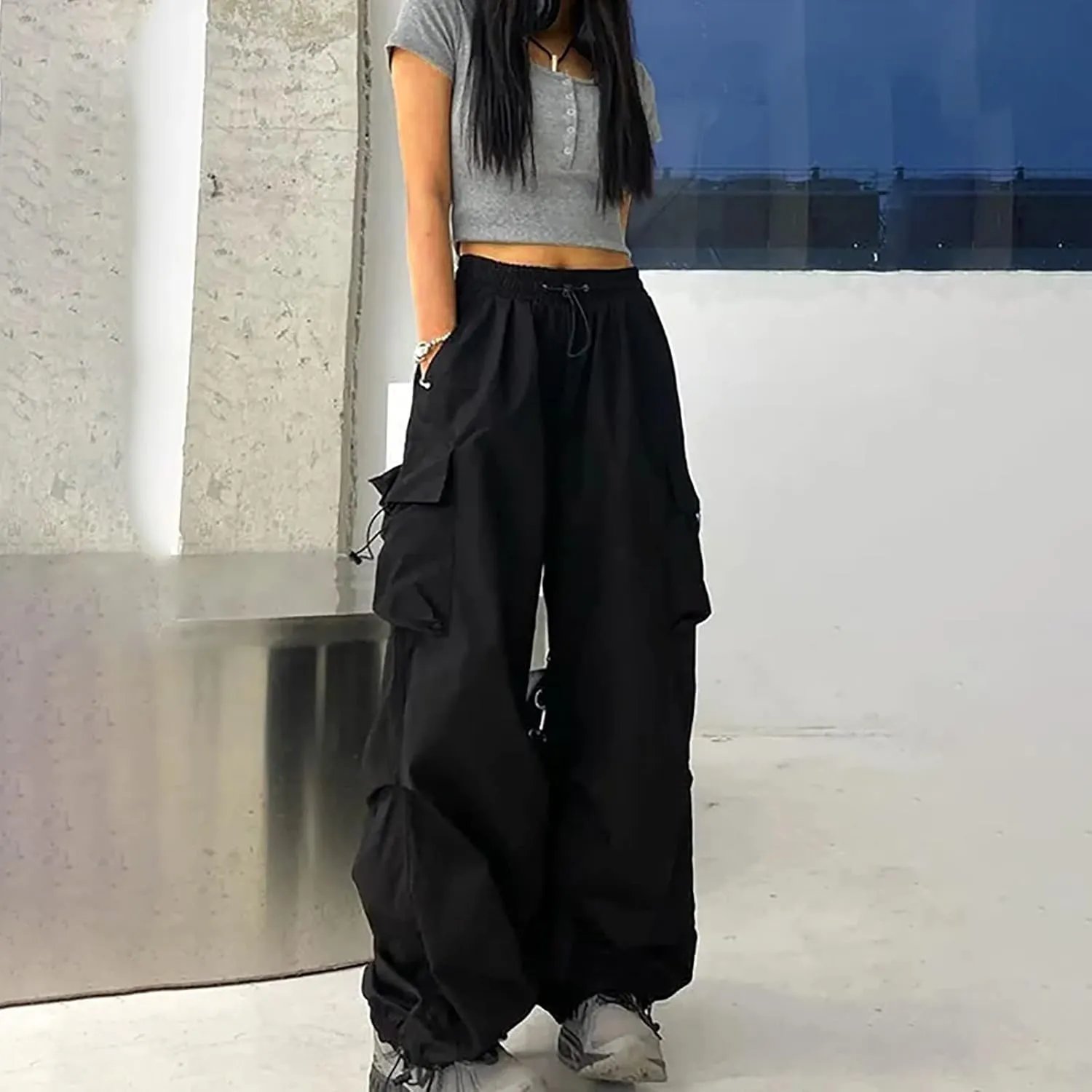 Women's High Waist Straight Wide Leg Cargo Pants Fashion Boyfriend Casual Cargo Pants Women Baggy Y2K Hiking Trousers