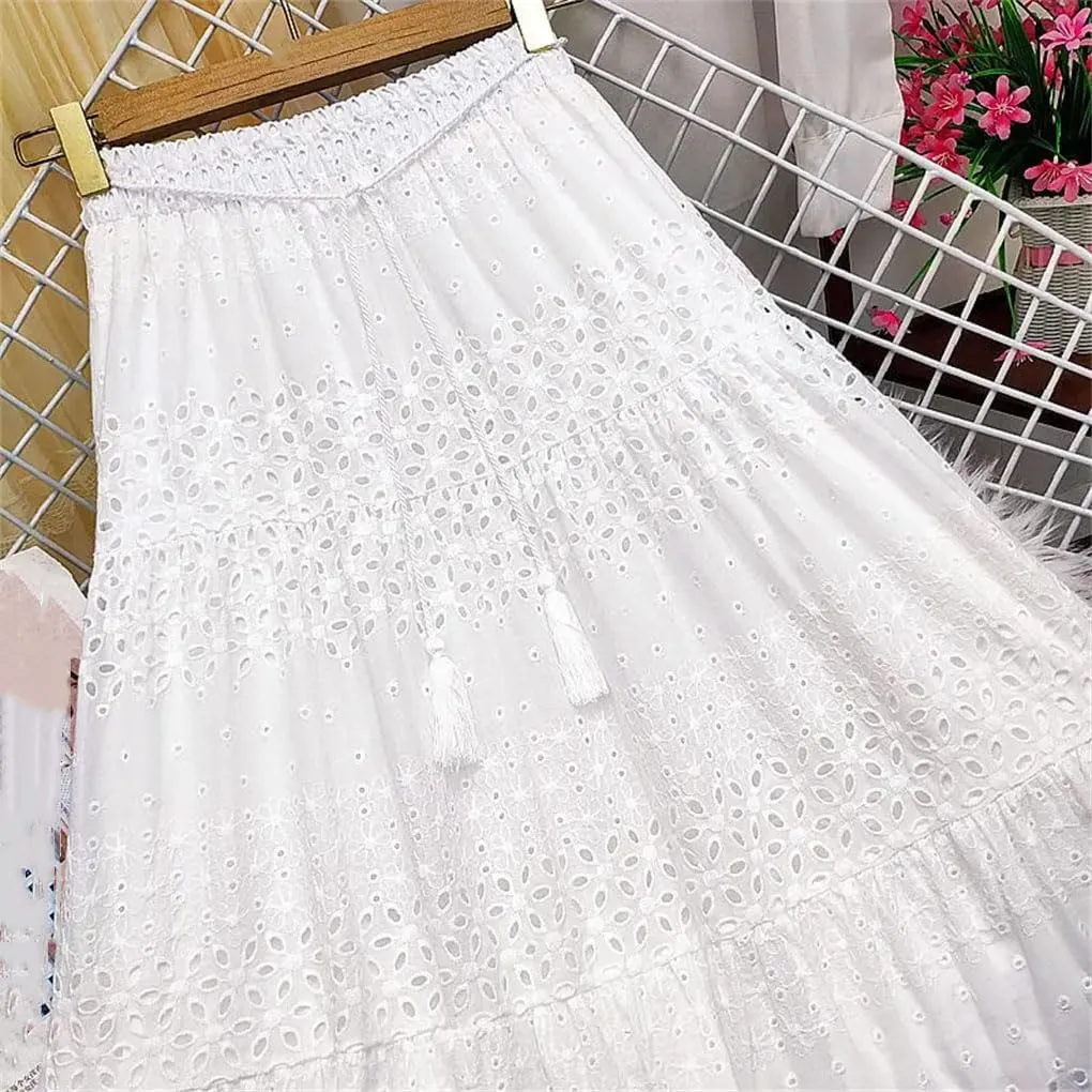 Women's Hollow Lace Skirt Solid Color A-Line High Waist Midi Skirt