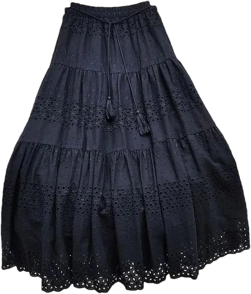 Women's Hollow Lace Skirt Solid Color A-Line High Waist Midi Skirt