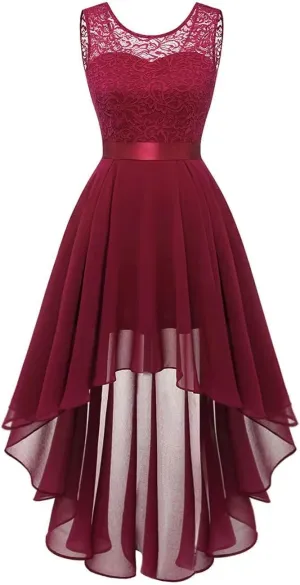 Womens Lace Crewneck High Low Evening Dresses Sleeveless High Waisted A Line Flare Hem Ruffle Chiffon Dress